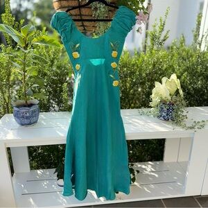 Fanm Mon Teal Linen Long Dress with Floral Details